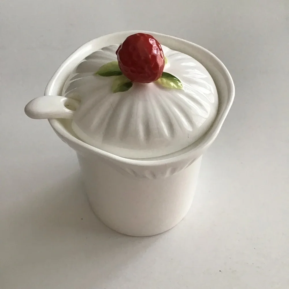 Jam Jar Bone China Covered Strawberry Marmalade Preserves Lid Spoon Vintage